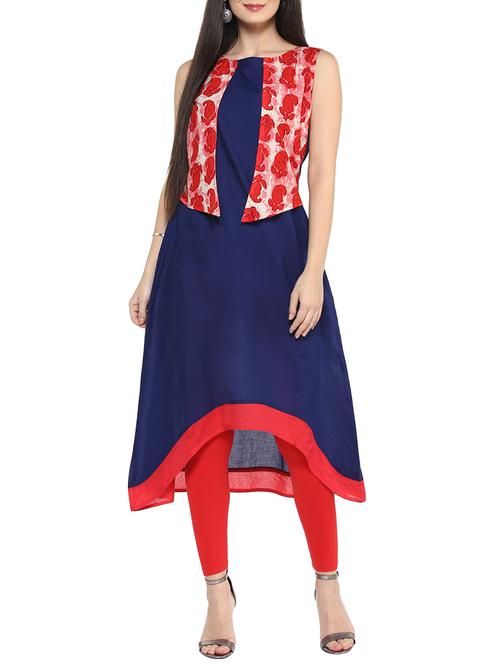 blue cotton high-low kurta - 14536855 - Standard Image - 1