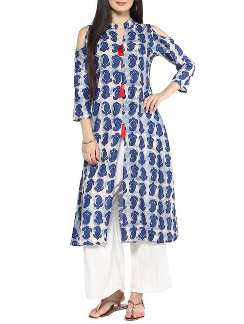 blue cotton A-line kurta - 14536860 - Standard Image - 1