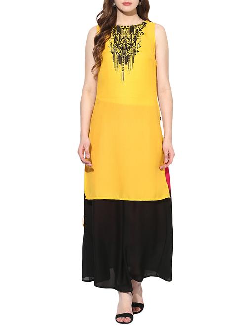 yellow georgette highlow kurta - 14537433 - Very Small Image - 1