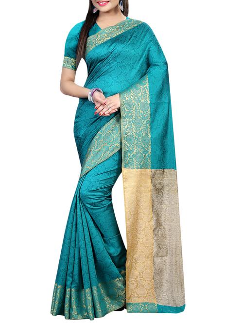 turquoise silk woven saree with blouse - 14537538 - Very Small Image - 1