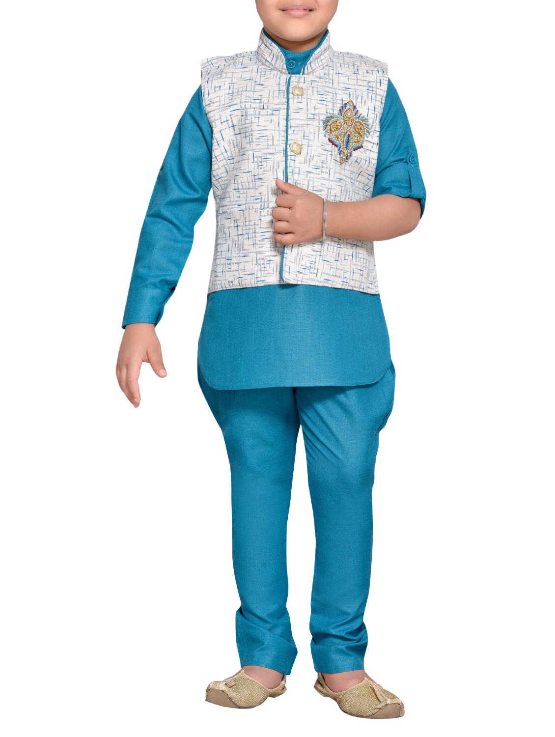 blue cotton blend kurta set and waistcoat - 14537653 - Zoom Image - 1