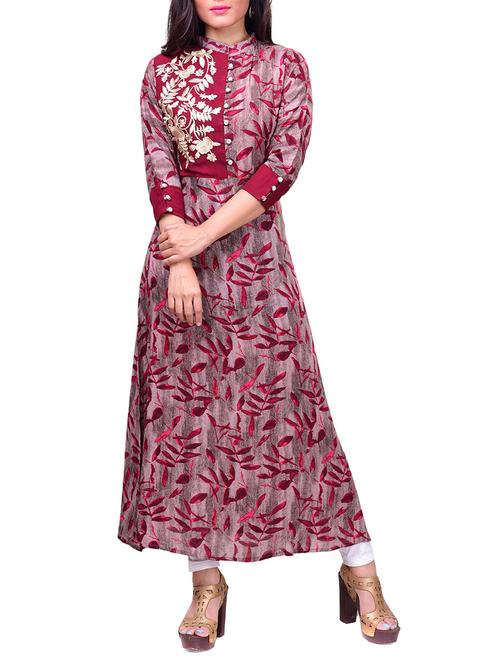 maroon rayon flared kurta - 14537664 - Standard Image - 1