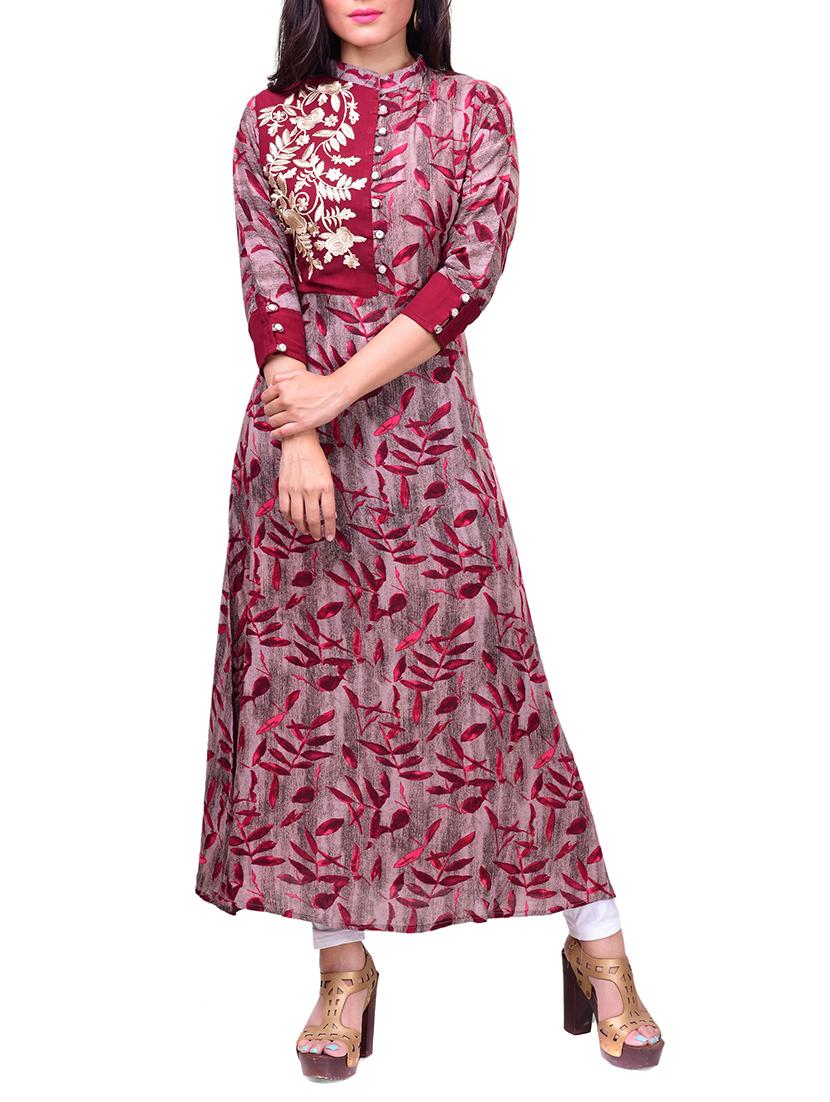 maroon rayon flared kurta - 14537664 - Zoom Image - 1
