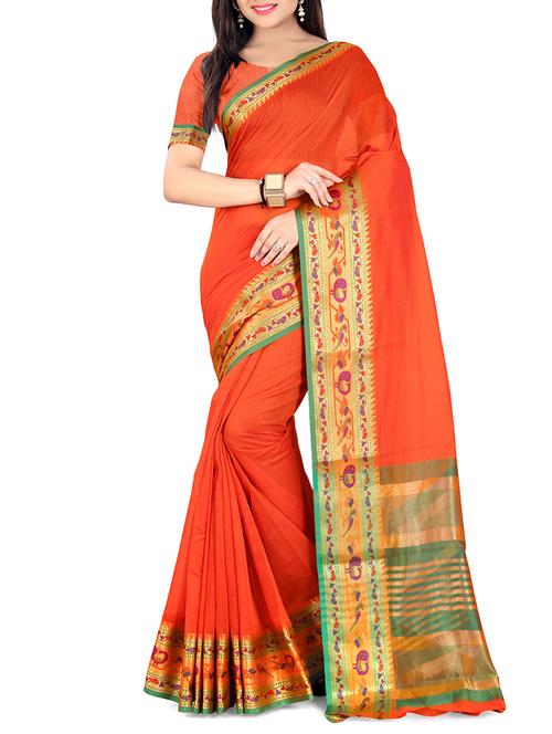 orange cotton woven saree - 14538301 - Very Small Image - 1