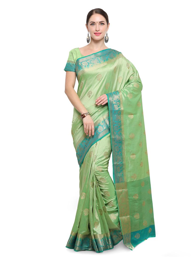 green silk banarasi saree with blouse - 14538444 - Zoom Image - 1