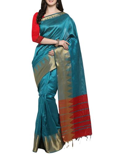 Turquoise Silk Blend Bordered Saree with blouse - 14538465 - Very Small Image - 1