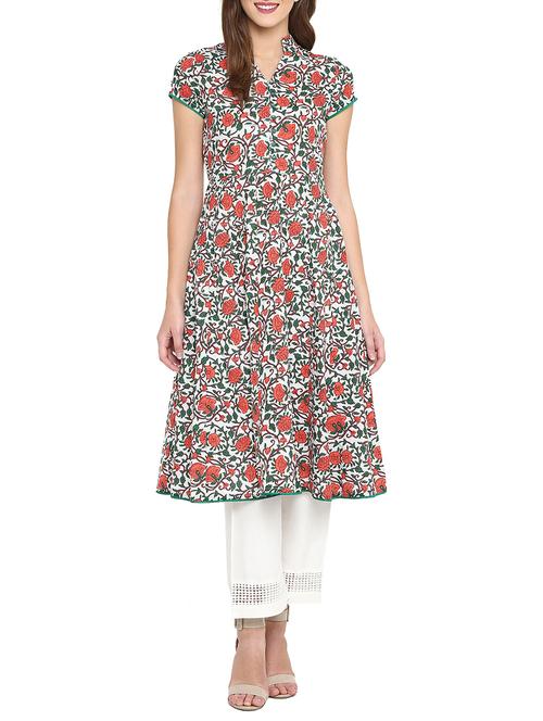white cotton printed a-line kurta - 14538524 - Standard Image - 1