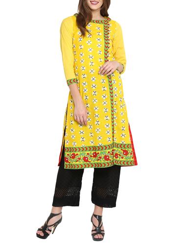 yellow cotton straight kurta - 14538528 - Very Small Image - 1