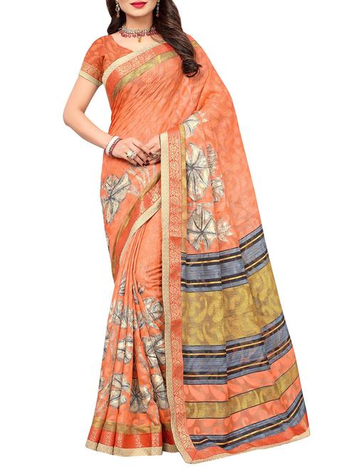 peach cotton printed saree with blouse - 14538537 - Very Small Image - 1