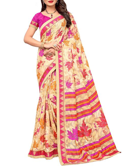 beige cotton printed saree with blouse - 14538548 - Very Small Image - 1