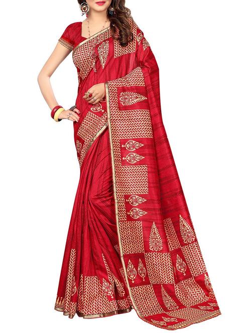 red cotton printed saree with blouse - 14538563 - Very Small Image - 1