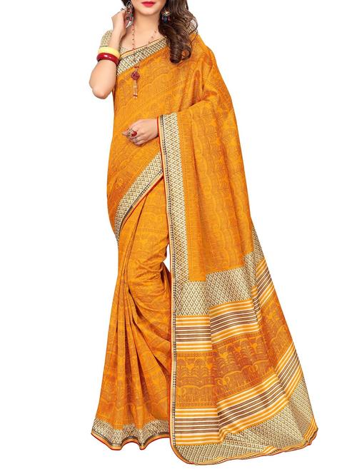 yellow cotton printed saree with blouse - 14538565 - Very Small Image - 1