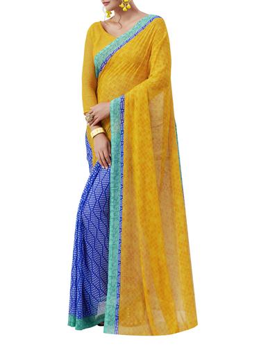 yellow chiffon printed saree with blouse - 14538576 - Very Small Image - 1