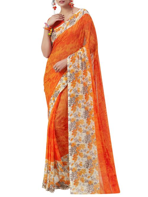 orange chiffon printed saree with blouse - 14538578 - Very Small Image - 1