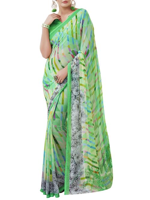 green chiffon printed saree with blouse - 14538579 - Very Small Image - 1