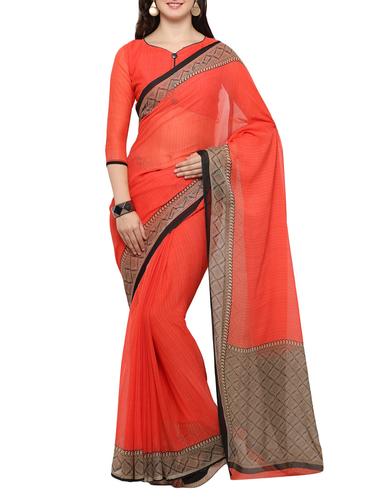 orange chiffon printed saree with blouse - 14538586 - Very Small Image - 1