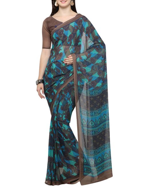blue chiffon printed saree with blouse - 14538588 - Very Small Image - 1