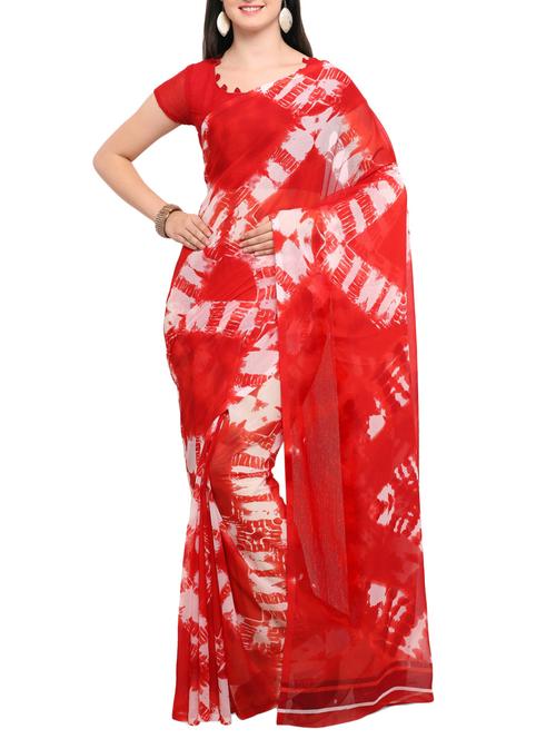 red chiffon printed saree with blouse - 14538590 - Very Small Image - 1