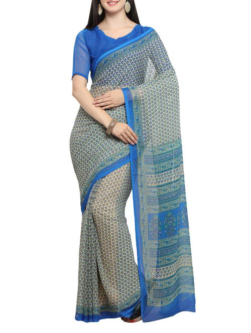 blue chiffon printed saree with blouse - 14538591 - Very Small Image - 1