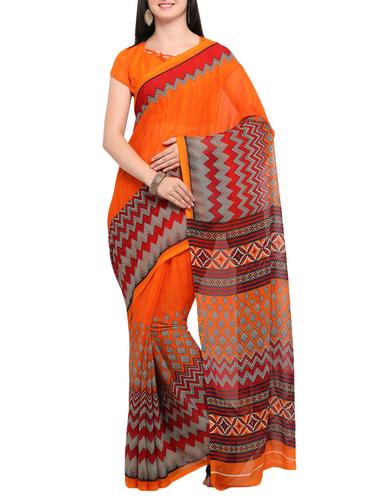 orange chiffon printed saree with blouse - 14538594 - Very Small Image - 1