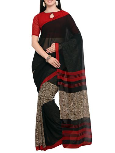 black chiffon printed saree with blouse - 14538599 - Very Small Image - 1