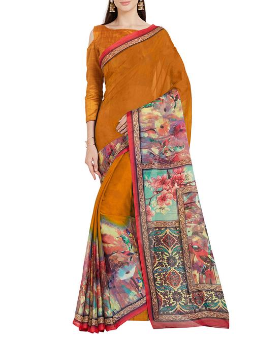 mustard art silk printed saree with blouse - 14538659 - Standard Image - 1