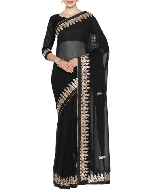 black chiffon gota patti saree with blouse - 14538662 - Very Small Image - 1