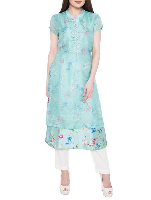 turquoise poly cotton layered kurta - 14539406 - Very Small Image - 1
