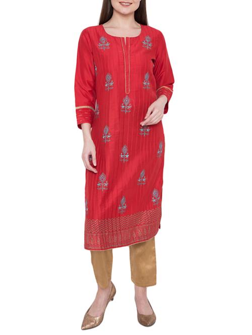 red none straight kurta - 14539419 - Very Small Image - 1