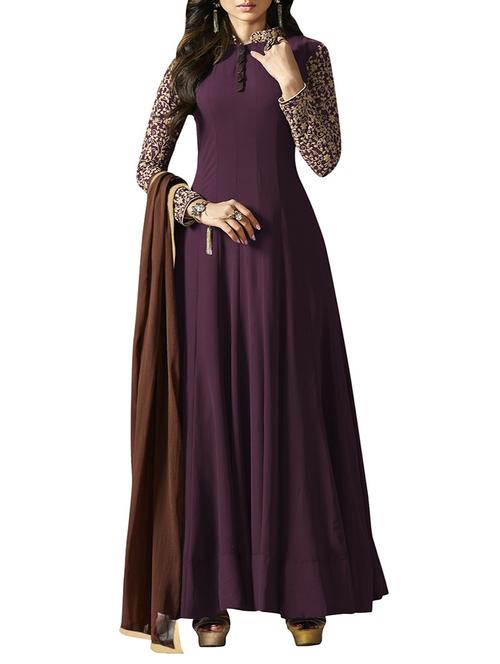 purple semi-stitched anarkali suit - 14539427 - Very Small Image - 1