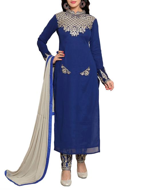 blue semi-stitched straight pant suit - 14539428 - Very Small Image - 1