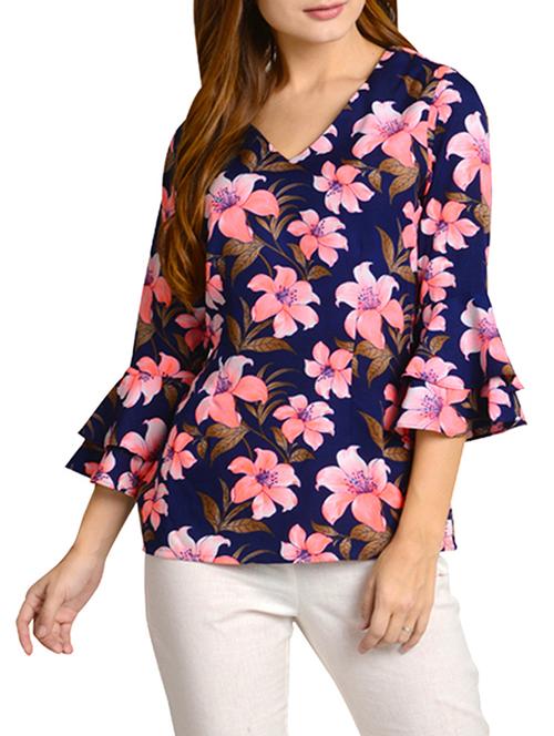 dark blue floral crepe top - 14539459 - Very Small Image - 1