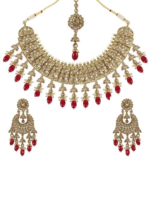 Pink Gold Tone Necklace, Earrings & Maangteeka Set - 14539784 - Standard Image - 1