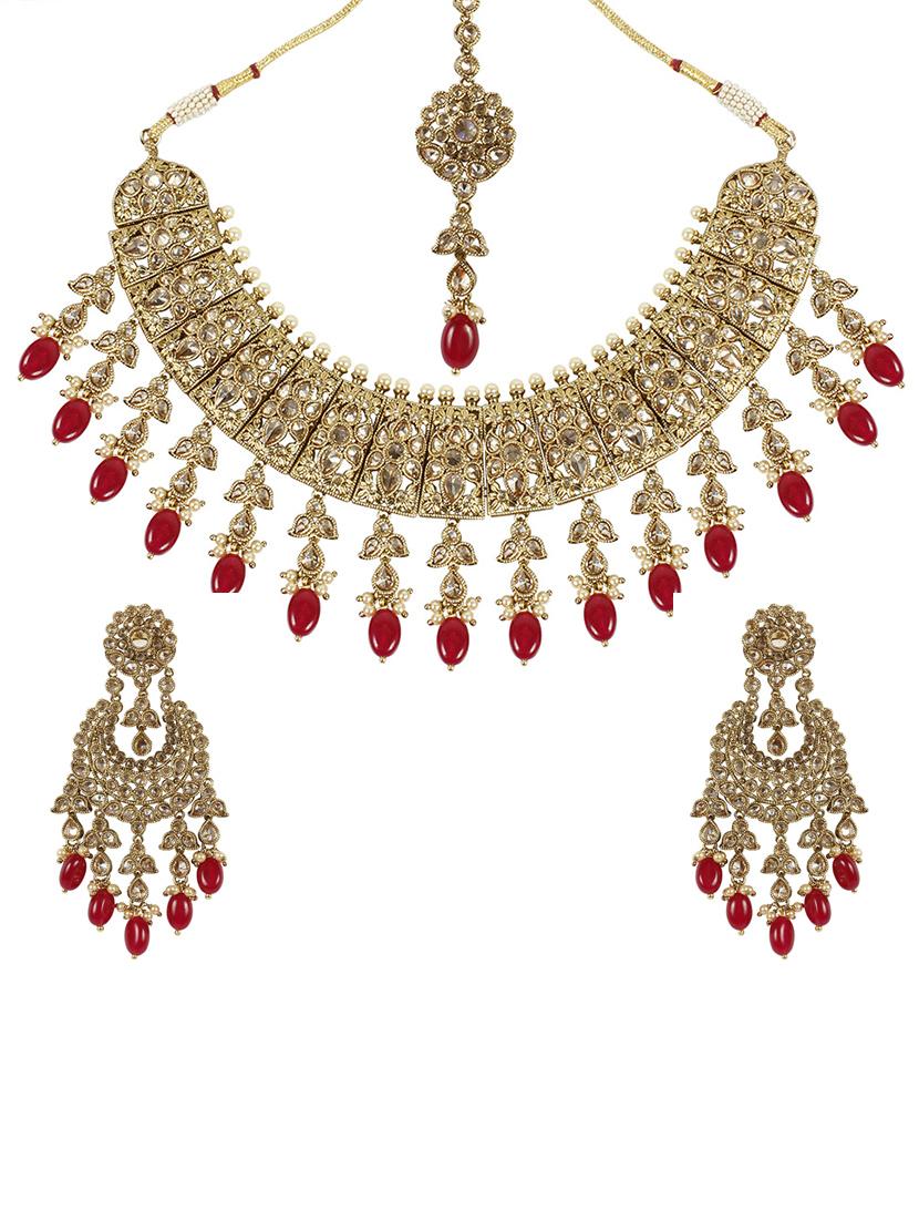 Pink Gold Tone Necklace, Earrings & Maangteeka Set - 14539784 - Zoom Image - 1