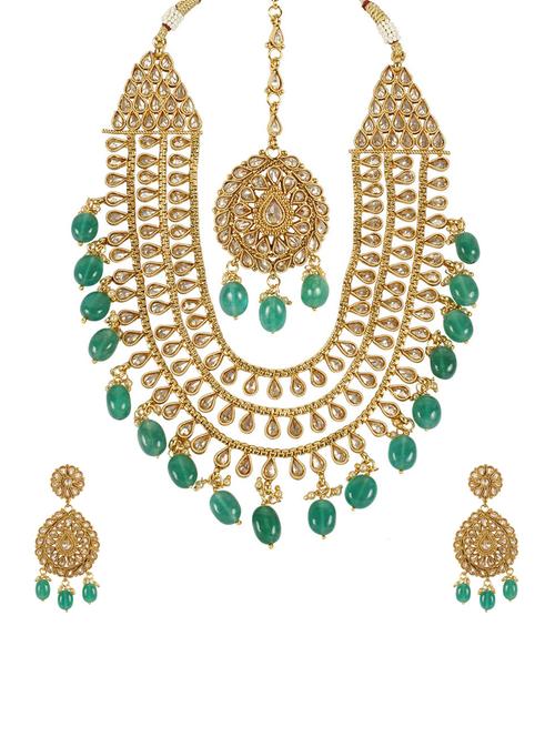 Green Gold Tone Necklace, Earrings & Maangteeka Set - 14539796 - Standard Image - 1