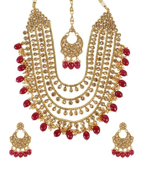Pink Gold Tone Necklace, Earrings & Maangteeka Set - 14539806 - Standard Image - 1