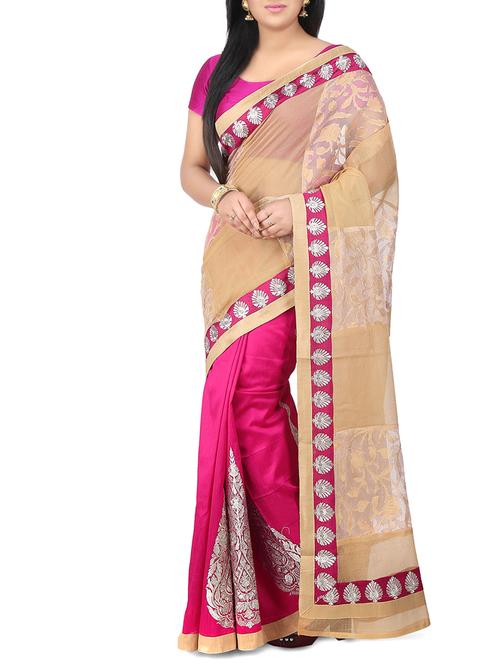 beige net half and half saree with blouse - 14540318 - Very Small Image - 1