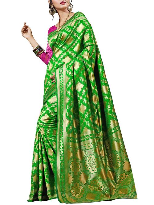 green cotton silk printed saree with blouse - 14540818 - Very Small Image - 1