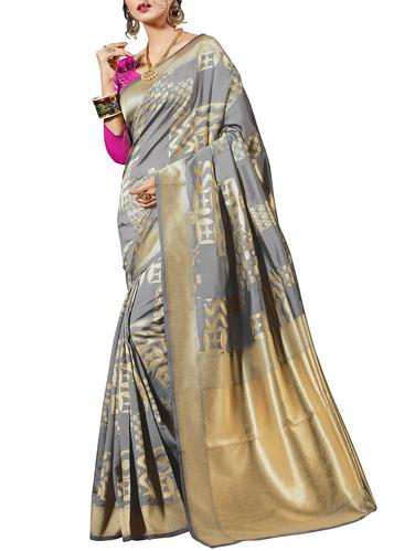 grey cotton silk printed saree with blouse - 14540819 - Very Small Image - 1