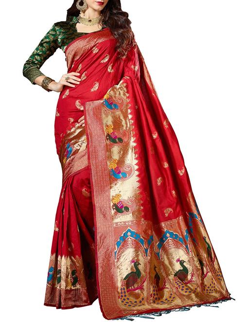 red woven saree with blouse - 14540838 - Very Small Image - 1