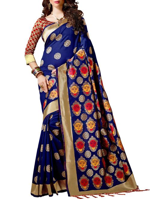 blue cotton silk printed saree with blouse - 14540843 - Very Small Image - 1