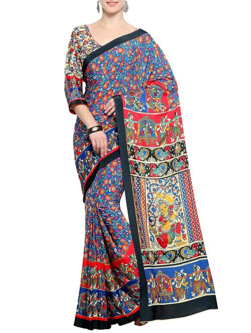 blue colored printed saree with blouse - 14540858 - Very Small Image - 1