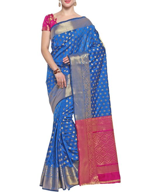blue silk blend woven saree with blouse - 14540864 - Very Small Image - 1