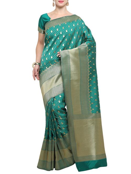 green silk blend woven saree with blouse - 14540868 - Very Small Image - 1