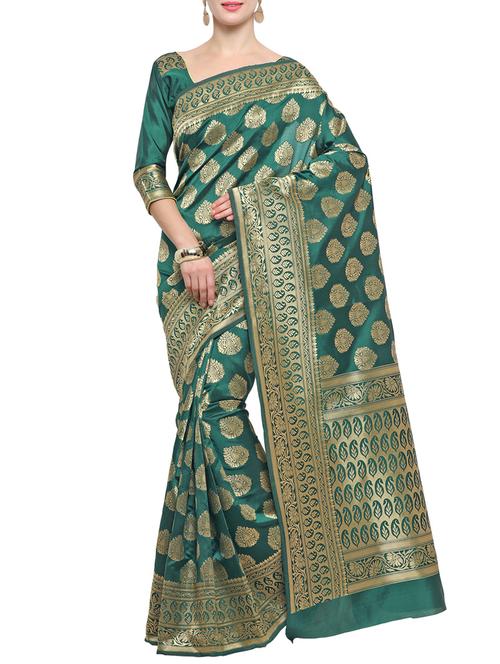 green woven saree with blouse - 14540870 - Very Small Image - 1