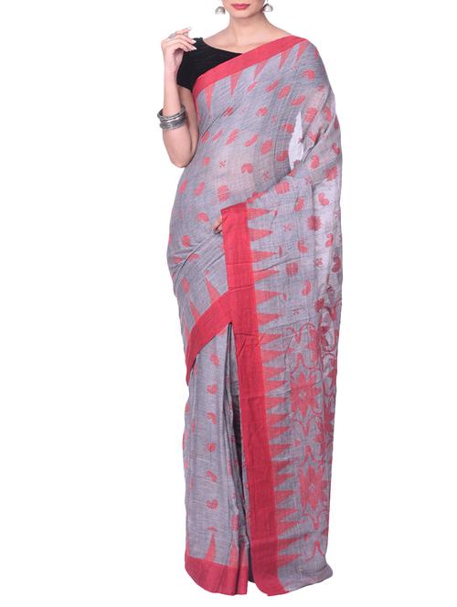 grey jamdani saree - 14541070 - Very Small Image - 1