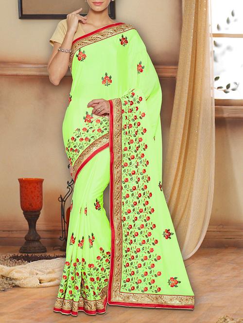 green poly silk embroidered saree with blouse - 14542696 - Very Small Image - 1