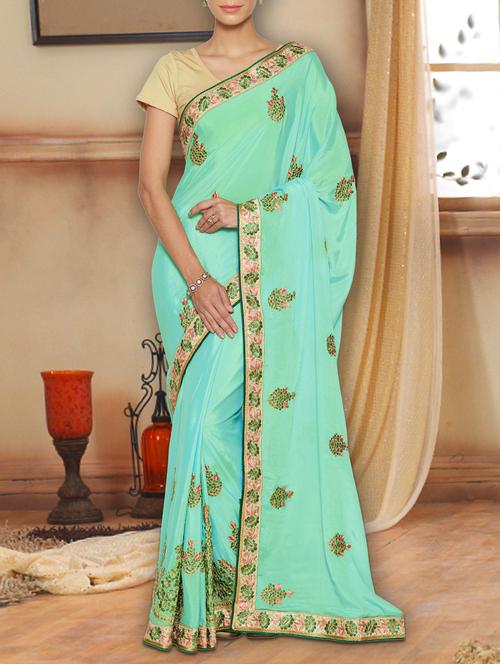 sea green embroidered saree with blouse - 14542699 - Very Small Image - 1