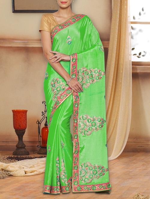 green silk embroidered saree with blouse - 14542703 - Very Small Image - 1