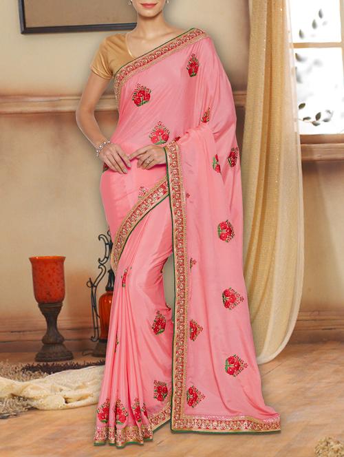 pink silk embroidered saree with blouse - 14542705 - Very Small Image - 1